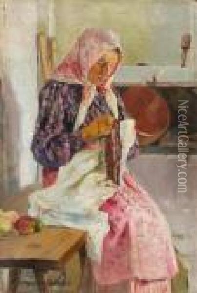 Woman With Headscarf Embroidering. Oil Painting - Nikolai Petrovich Bogdanov-Belsky