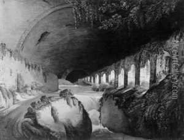 Ein Aquadukt In Der Villa Des Maecenas Bei Tivoli. Oil Painting - Ludwig Philipp Strack