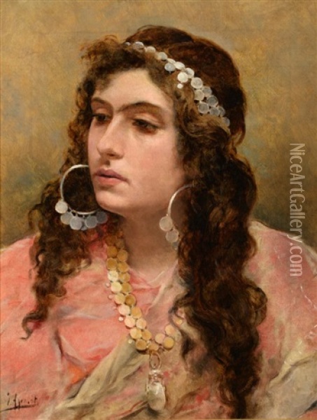 A Gypsy Lady, Head And Shoulders Oil Painting - Joaquin Agrasot y Juan