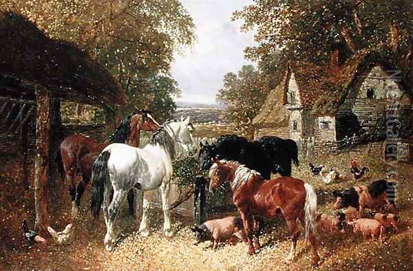 Four Horses, Pigs and Poultry in a Farmyard Oil Painting - John Frederick Herring Snr