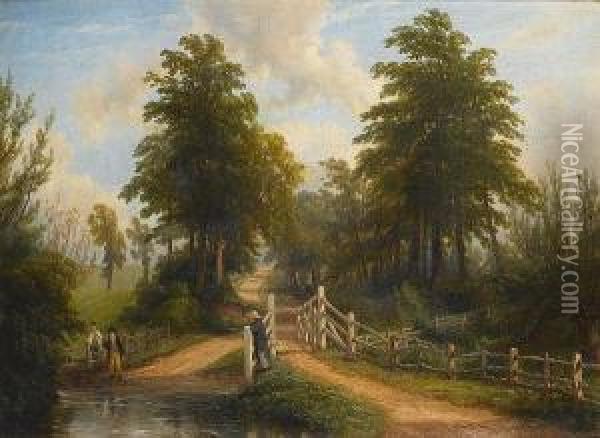 A Ford Near Princethorpe Oil Painting - Thomas Baker Of Leamington