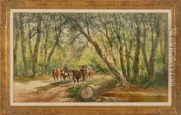 A Shepherd With Cows Walking Through A Wooded Landscape Oil Painting - Hugo Anton Fisher