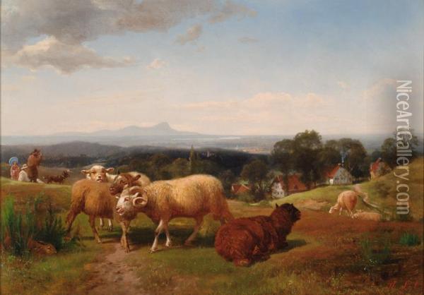 Meadow With Sheep Oil Painting - Henry Lot