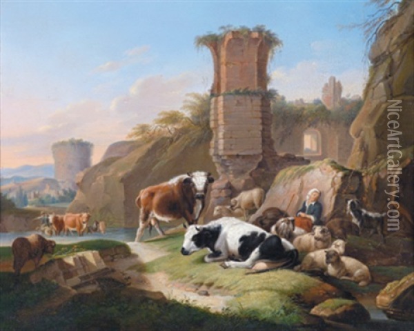Ruhendes Vieh In Der Romischen Campagna Oil Painting - Joseph Roos