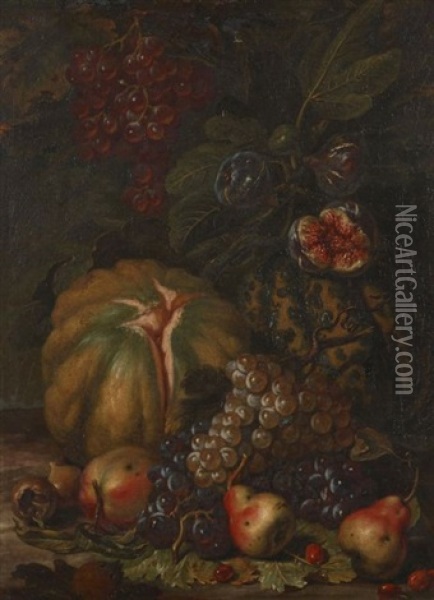 Composition Aux Melons, Poires, Figues Et Raisins Oil Painting - Giovanni Paolo Castelli (lo Spadino)