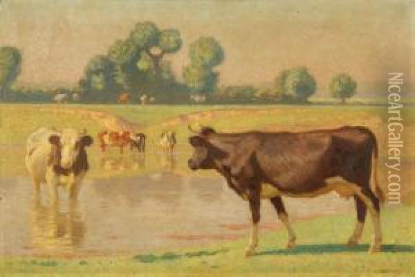 Landscape With Cows Oil Painting - Albert Reibmayr