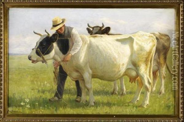 Tending The Cows Oil Painting - Povl Steffensen
