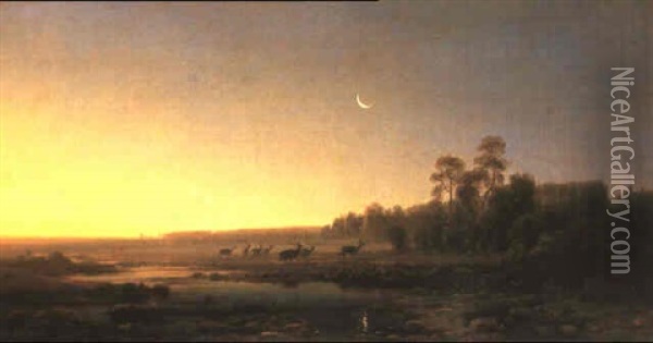 Moorlandschaft Bei Abenddammerung Mit Einem Rudel Hirsche Oil Painting - Eduard Schleich the Elder