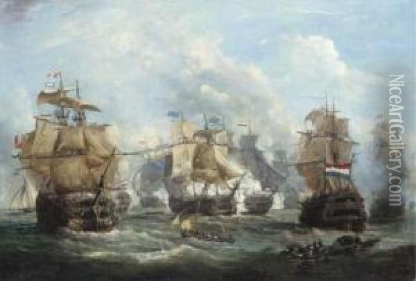 The English Flagship Venerable 
Engaging The Dutch Flagship Vrijheidat The Battle Of Camperdown, 11th 
October 1797; The Dutch Shipsstaten-generaal And Admiral De Vries To The
 Left And Rightrespectively Oil Painting - Martinus Schouman