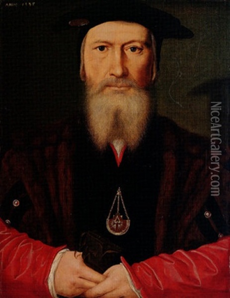 Portrait Of A Gentleman Wearing A Fur-lined Coat With Red Sleeves, Black Hat And The Badge Of The Order Of The Santiago De Compostela Oil Painting -  Master of the 1540s