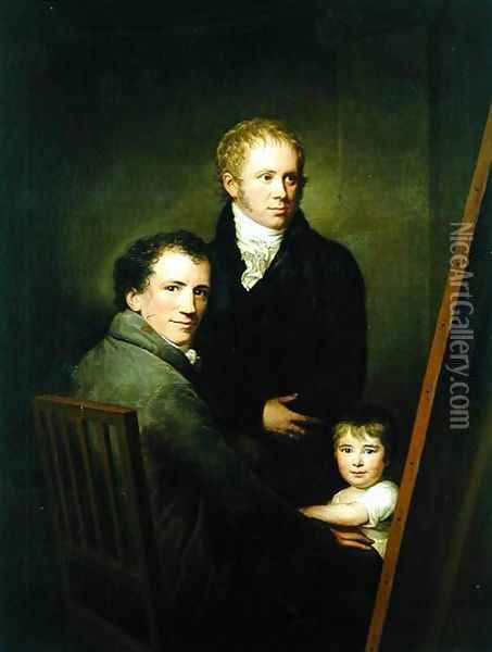Self portrait with the Foster Daughter Lina Groger and the painter Heinrich Jakob Aldenrath Oil Painting - Friedrich Carl Groger