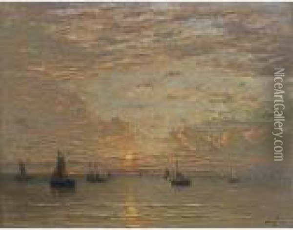 Bomschuiten On A Calm Sea Oil Painting - Hendrik Willem Mesdag