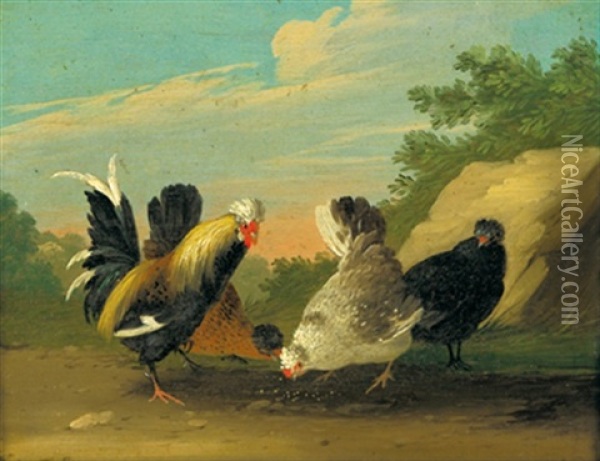Huhner In Einer Landschaft (+ Huhner Vor Einem Plankenzaun; Pair) Oil Painting - Johann Adalbert Angermayer