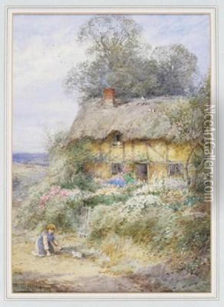 Feeding The Kitten By A Country Cottage Oil Painting - Henry John Sylvester Stannard