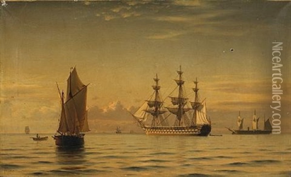 A Frigate With Other Shipping On A Calm Sea Oil Painting - Christian Frederic Eckardt