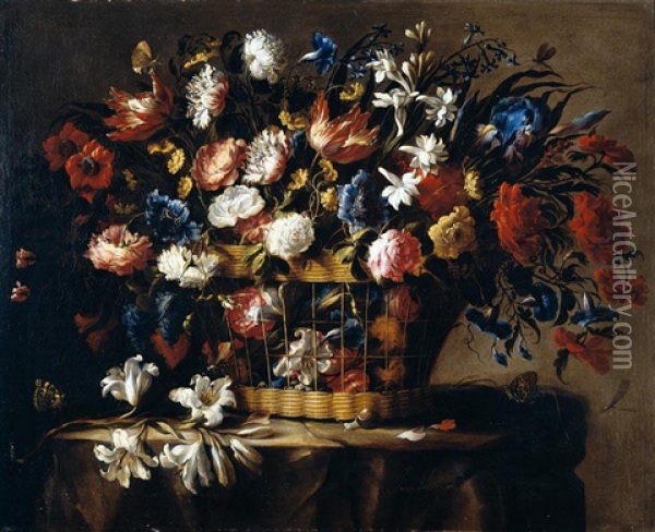 Still Life Of Roses, Irises, Morning Glory, Hyacinths, Chrysanthemums And Carnations In A Wicker Basket, Set Upon A Stone Ledge, With A Stem Of Lilies, Butteflies, Dragonflies And A Snail Oil Painting - Juan De Arellano