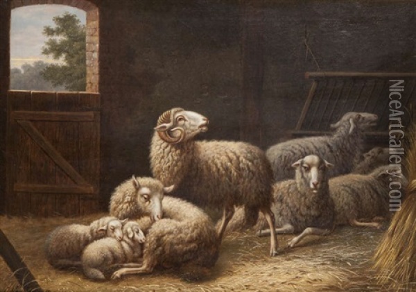 Moutons A L'etable Oil Painting - Cornelis van Leemputten