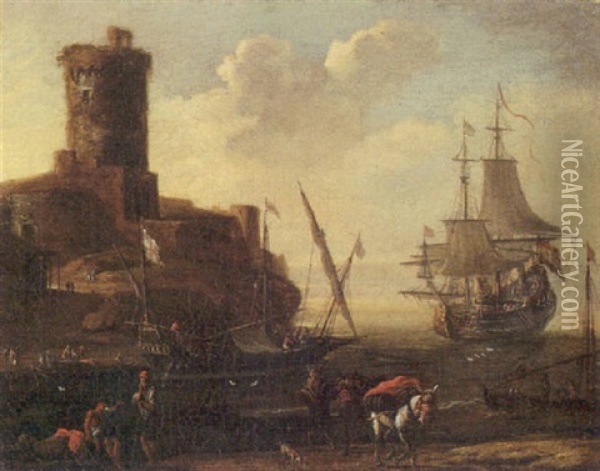 A Mediterranean Port Oil Painting - Adriaen Van Der Cabel