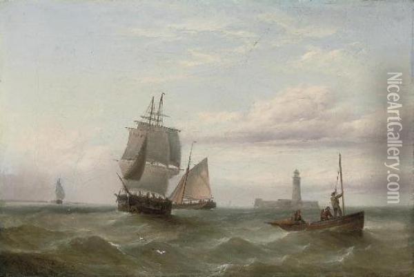 A Trading Brig And Other Shipping Before A Fortified Lighthouse Oil Painting - Henry Redmore