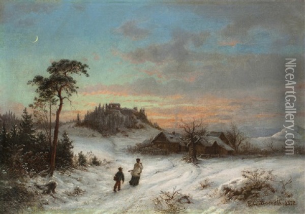 Winterlandschaft Mit Burgruine Blansko (blankenstein) Oil Painting - Ernst Gustav Doerell