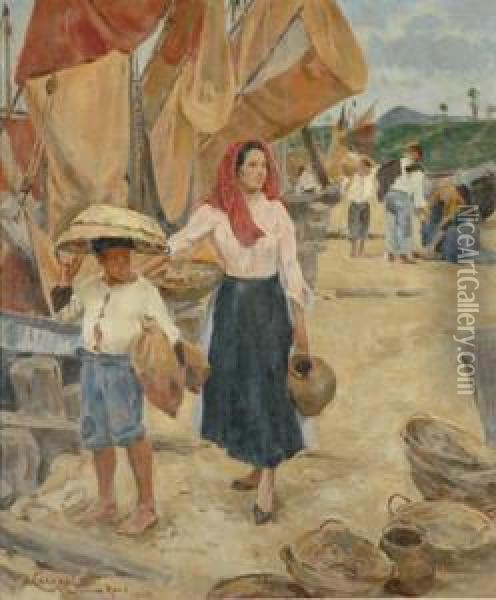 Woman And Boy By Thefishing Boats Oil Painting - Umberto Coromaldi