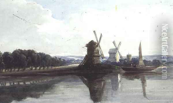 Windmills by a River Oil Painting - John Chase