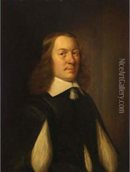 A Portrait Of A Gentleman, Bust Length, Wearing A Black Coat And White Chemise Oil Painting - Bartholomeus Van Der Helst