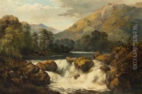 Waterfall In A Mountain Landscape Oil Painting - Edward Barnard