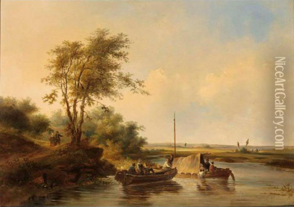 A River Landscape With Boats Oil Painting - Jean-Charles Joseph Remond