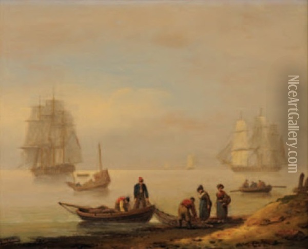 Fisherfolk On A Shore, Three Masted Men-o-war Offshore, Other Shipping Beyond Oil Painting - Thomas Luny