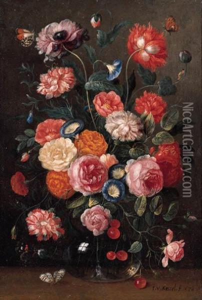 Roses, Carnations, Morning 
Glory, A Poppy And A Sprig Of Cherriesin A Glass Vase, A Wall Brown, An 
Orange Tip, A Red Admiral And Amagpie Butterfly On A Table Oil Painting - Jan van Kessel
