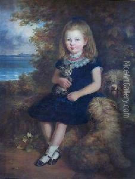 Portrait Study Of A Young Girl With A Kitten And Two Dogs Oil Painting - Samuel Edmonston