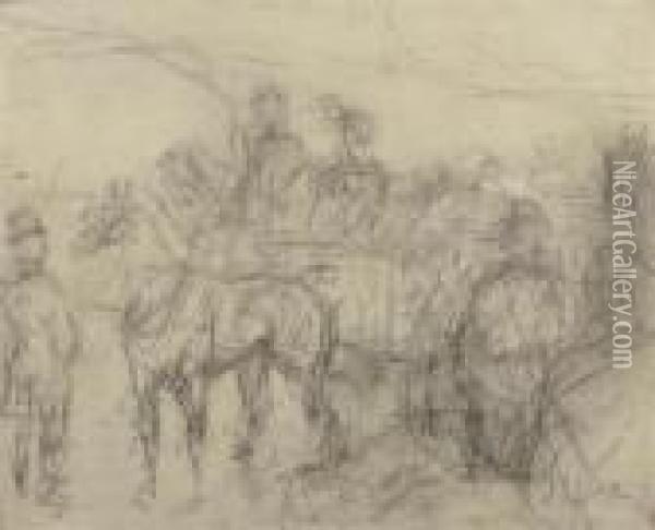 Horse And Carriage. Oil Painting - Henri De Toulouse-Lautrec