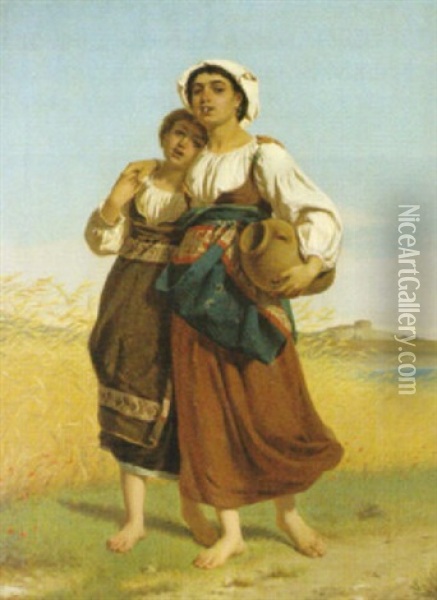 Tva Kvinnor Med Krus Oil Painting - Luigi Bechi