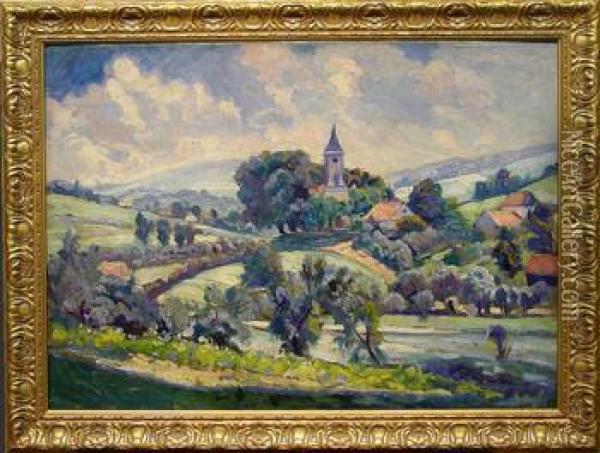 Village Landscape With Church Oil Painting - Stefan Filipkiewicz