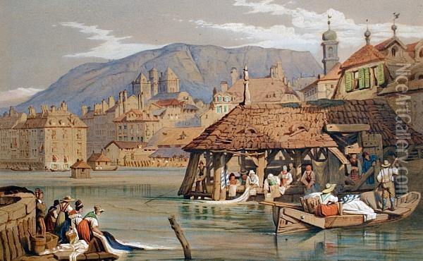 Geneva From The Rhone Oil Painting - Samuel Prout