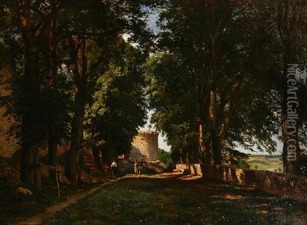 Figures On A Woodland Path Oil Painting - Adolphe Guillon