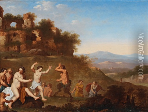 A Landscape With Dancing Nymphs And Satyrs Oil Painting - Johan van Haensbergen