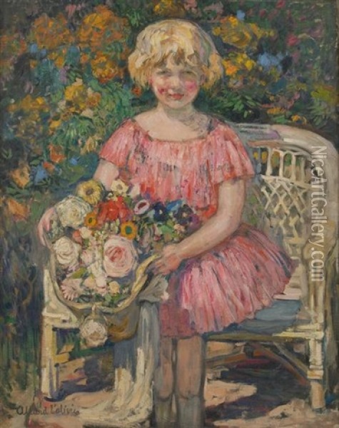 Paulette, La Fille De L'artiste Au Bouquet De Fleurs Oil Painting - Fernand Allard L'Olivier