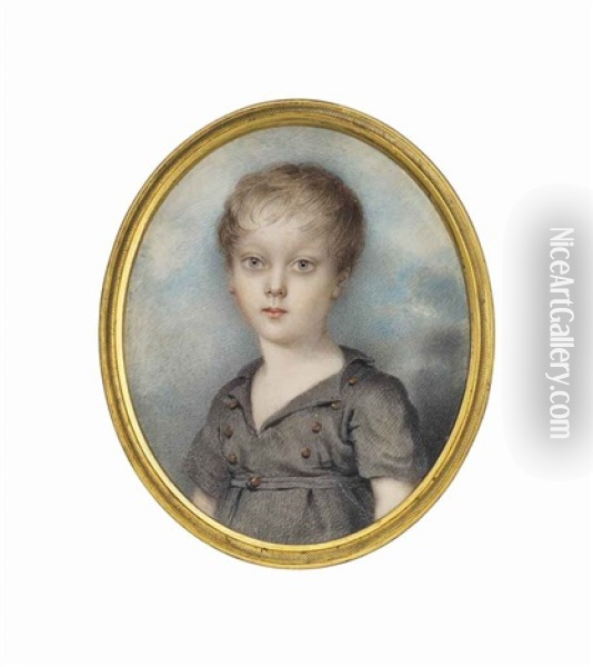 Master Andrew Plimer, The Artist's Son, In Grey Tunic With Gold Buttons, Curling Fair Hair; Sky Background Oil Painting - Andrew Plimer