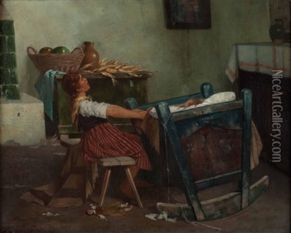 Singende Mutter, Die Ihr Kind In Den Schlaf Wiegt Oil Painting - Lajos Koloszvary