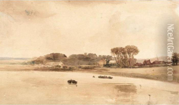Boats On A River With Cottages On A Wooded Bank Beyond Oil Painting - Peter de Wint