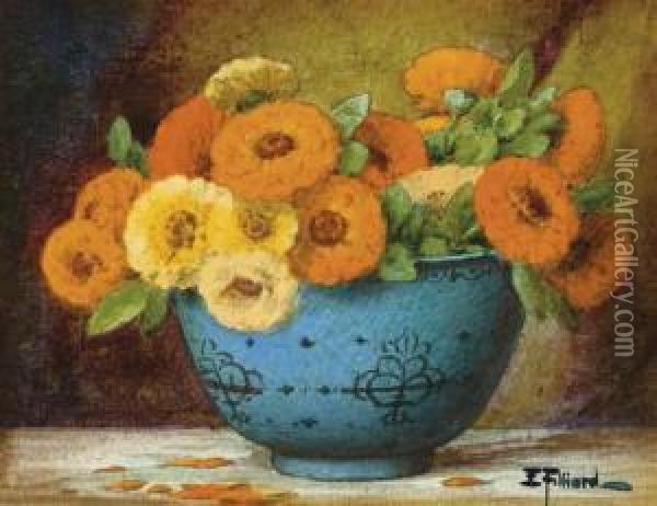 Un Vase De Zinnias; Et Un Vase De Pensees Oil Painting - Ernest Filliard