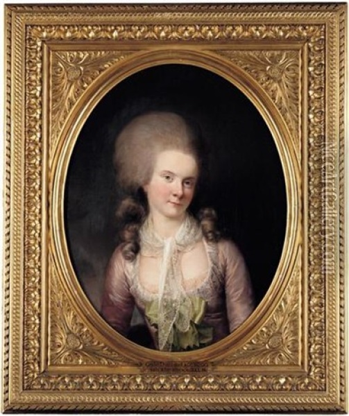 Portrait Of Maria-theresia, Altgrafin Zu Salmreifferscheidt-raitz In A Mauve Dress, With A Green Bow, A Lace Collar And Scarf Oil Painting - Joseph Hickel