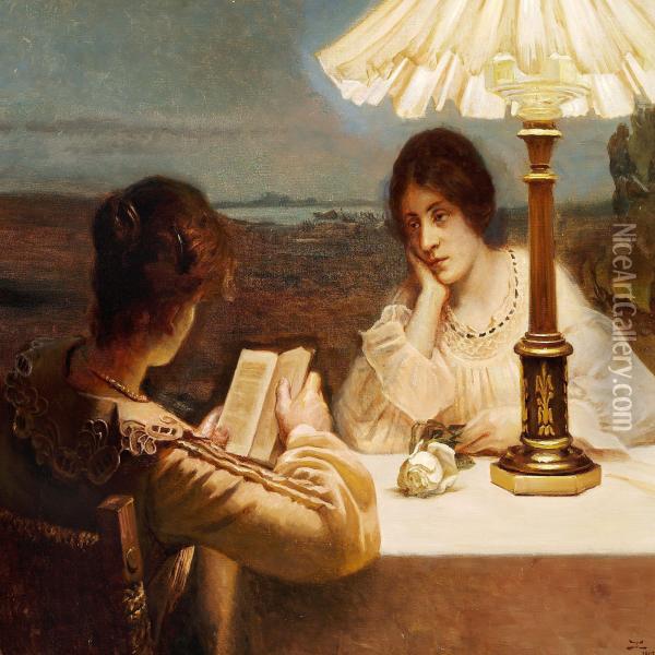 Interior With Twowomen At A Table By Lamp Light Oil Painting - Christian Clausen