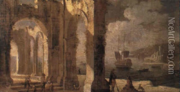 A Capriccio Of A Classical Ruin With Peasants Overlooking A Coastal Inlet Oil Painting - Gennaro Greco