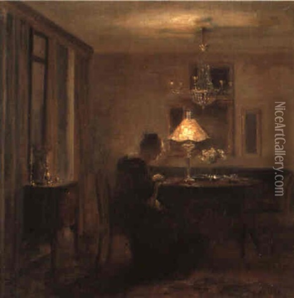 Interior Med Dame Der Broderer Ved Lampelys Oil Painting - Carl Vilhelm Holsoe