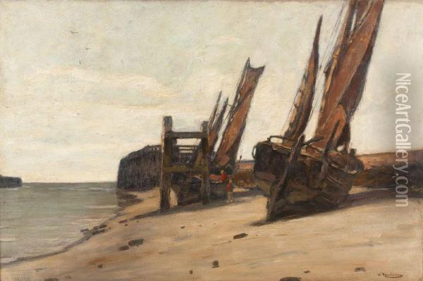 Segelboote Am Strand Bei Ebbe Oil Painting - Wilhelm Hambutchen