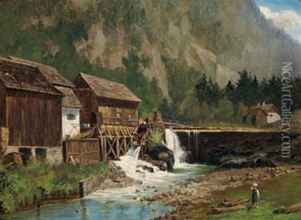 Muhle In Den Alpen Mit Figurlicher Staffage Oil Painting - Otto Rasim