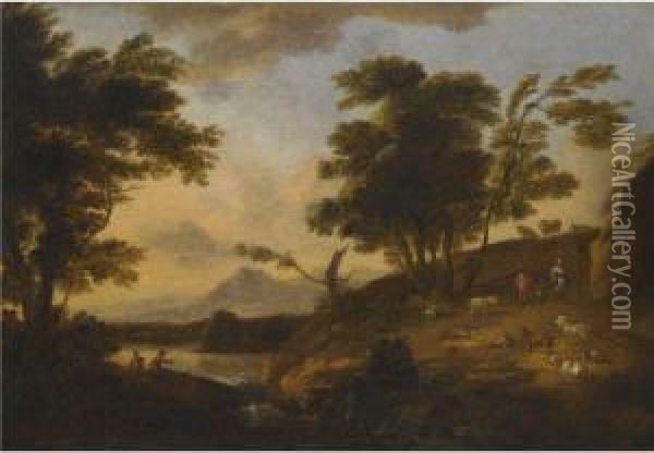 A Wooded River Landscape With Figures Fishing, Peasants, Animalsand Mountains Beyond Oil Painting - Adriaen Van Diest
